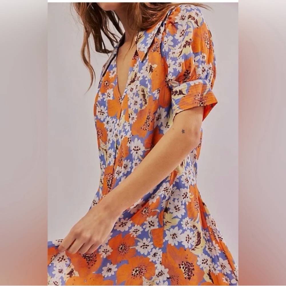 Free People Sugar Crush Floral Babydoll Mini Dress - Cobalt Combo Medium - Picture 4 of 8